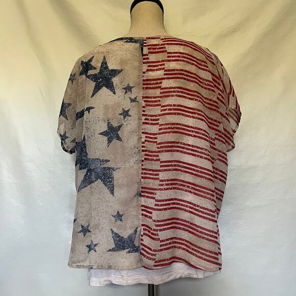 SUE WHO? Americana Womens Top Sz L Festival Stars Stripes Rhinestone Patchwork - Picture 8 of 13